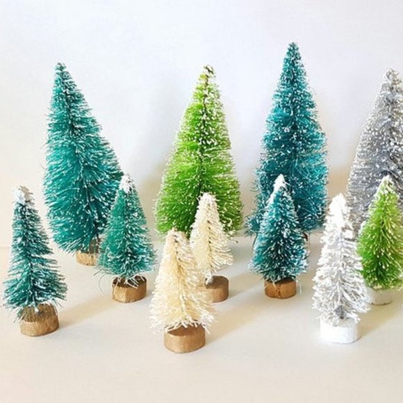 12 Mini GREEN GREY IVORY Miniature Sisal Bottle Brush Snow Flocked Trees - Picture 3 of 3